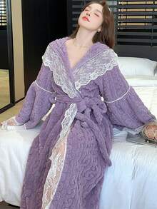 女士秋冬保暖连帽浴袍，拼接设计，甜美舒适，休闲可爱，系带腰身家居服，轻松惬意 - 柔软珊瑚绒 - 彩色 - 查看 6