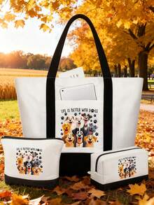 حقيبة تسوق نسائية بتباين الأبيض والأسود مع جيب، طباعة 8 كلاب ضاحكة، الحياة أفضل مع الكلاب، بسحاب، حقيبة بألوان متباينة، حقيبة صغيرة بألوان متباينة، حقيبة تسوق محمولة باليد، حقيبة تسوق أبيض وأسود، حقيبة تسوق بألوان متباينة، تخزين طعام الكلاب، حقيبة تسوق للتنقل، حقيبة تسوق سعة كبيرة