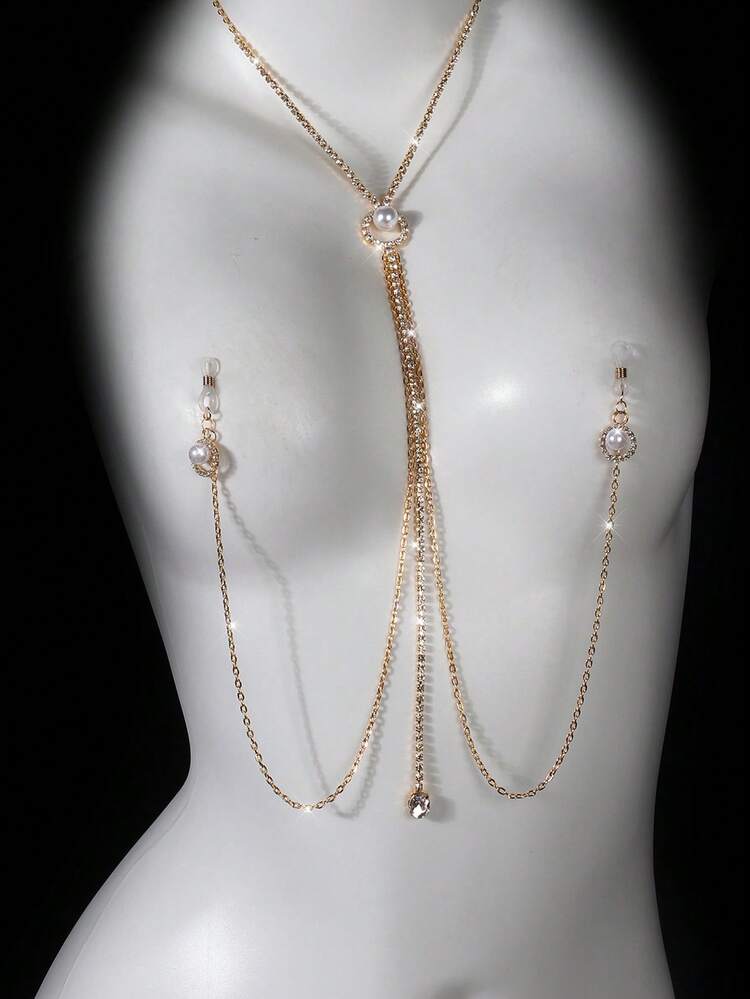 Přívěsek z umělých perel, svorky na bradavky, řetízek na bradavky, sexy klubové oblečení, řetízek na tělo, doplňky - Multicolor - Zobrazit 10