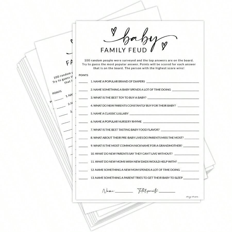 DHerZii Prints Baby Shower Family Feud Game Cards 50 Pack Baby Shower Game Cards With Answer Sheet Minimalist Design Baby Family Feud10 - 寶貝家庭紛爭 - 查看 1