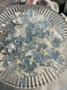 Approx. 80pcs/70g Aurora Blue Mixed Rose Imitation ABS Pearl Crushed Ice Material Mixed DIY Bracelet, Phone Case, Necklace Jewelry, Handmade Gift For Friends, Multi-Purpose Jewelry Accessories With Hole