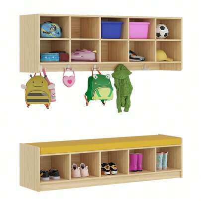 Advwin 10 Section Wall Cubbies With Cushion Shoe Storage Bench And Hooks, Wall Mounted Wooden Storage Organizer Shelves For Classroom, Daycare, Home, Nursery