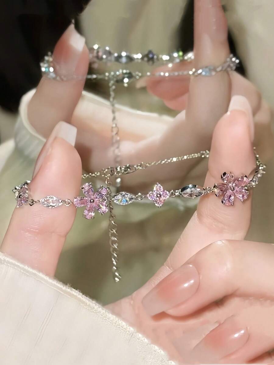 1 件优雅粉色樱花水钻装饰手链，适合女性日常、节日和派对佩戴 - 彩色 - 查看 1