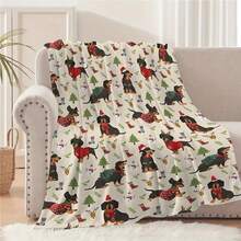 1PC-Cute Dachshund Christmas Blanket - The Typical Pattern Is Printed With (Dachshund, Christmas Tree, Christmas Stockings, Deer, Etc.) A Blanket Full Of Warm And Joyous Christmas Atmosphere, Creating A Warm And Warm Atmosphere. Suitable For Indoor Beds, Office Sofas For Lunch Breaks, Light And Convenient To Carry When Traveling, And Multi-Purpose Blankets That Can Be Decorated Indoors At Home. - Multicolor - View 2