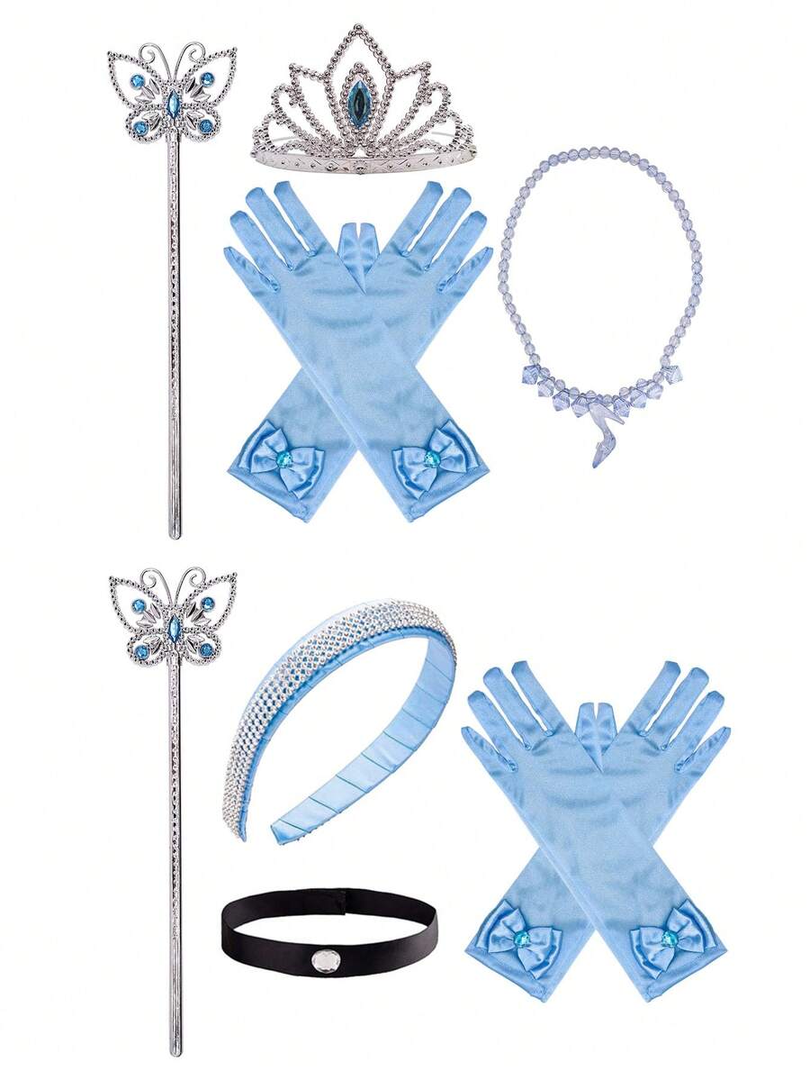 Cosplay Märchenprinzessin Krone Haarband, Schmetterling Zauberstab, Kristall High Heels, Halskette, Handschuhe Kostüm Accessoire Set, Geburtstags Party Prinzessin Haarband, Halskette, Feenzauberstab, Handschuhe Kostüm Accessoire Kombination