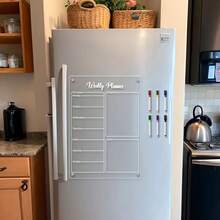 1 pièce Aimant de décoration de réfrigérateur pour planification des repas hebdomadaires (avec 6 marqueurs magnétiques pour tableau blanc aléatoires) Planificateur réutilisable, planificateur de repas hebdomadaire, tableau d'écriture transparent et effaçable pour mémos et rappels