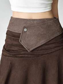 Top Dazzle 纯色宽松街头时尚高腰不对称下摆女裙 - 棕色 - 查看 5