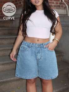 Women's Light Blue Plus Size Washed Denim Bermuda Shorts - Minimalist Solid Casual Street Style Summer Bottoms - Light Wash - View 5