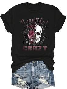 [Camiseta de Moda Casual] Camiseta de mujer suave y cómoda - Hermoso arte de calaveras y rosas, manga corta, cuello redondo, casual, regalo perfecto para la abuela y la mamá, uso casual en primavera y verano - Negro - Ver 1