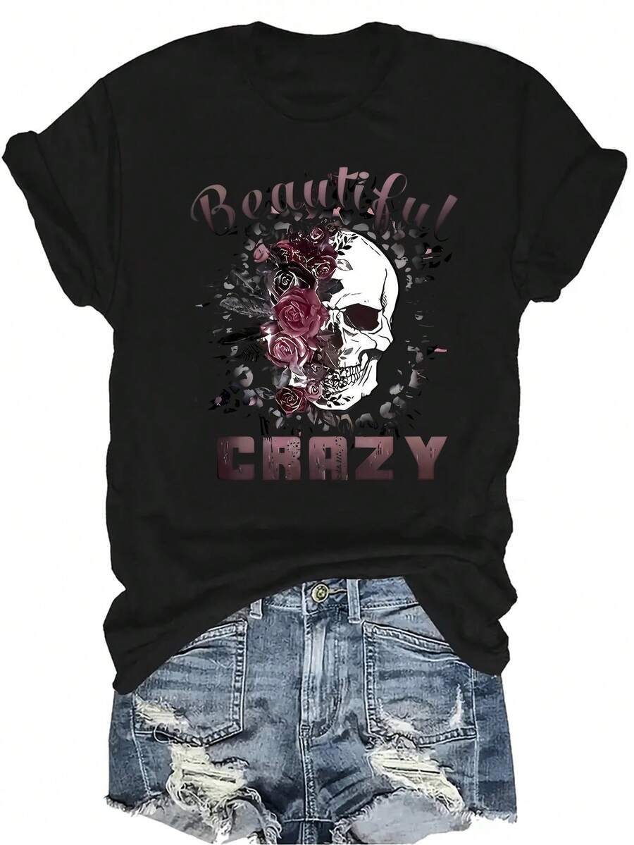 [Camiseta de Moda Casual] Camiseta de mujer suave y cómoda - Hermoso arte de calaveras y rosas, manga corta, cuello redondo, casual, regalo perfecto para la abuela y la mamá, uso casual en primavera y verano - Negro - Ver 1