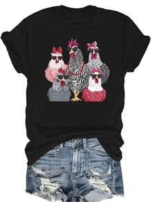 [Camiseta de moda casual] Camiseta suave y cómoda para mujer - Camiseta de manga corta de cuello redondo con gafas de sol de gallo elegante, regalo perfecto para la abuela y la mamá, uso casual de primavera y verano - Negro - Ver 1