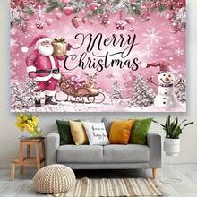 1 pieza Pancarta de fondo con tema navideño en color rosa con Papá Noel y muñecos de nieve, adecuada para decoración de fiesta de Navidad, decoración de jardín, decoración de pared, decoración del hogar, fondo de fotografía, aniversario y decoración de patio