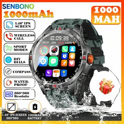  SENBONO Men's Smart Watch, Built-In 1000mAh Battery, Ultra-Long Standby, Supports DIY Dial, Over 100 Sports Modes, Wireless Calling (Answering/Dialing), Sleep Monitoring, Sports Tracking Smart Watch - Perfect Gift For Birthday, Father's Day, Boyfriend, Compatible With Android And IOS