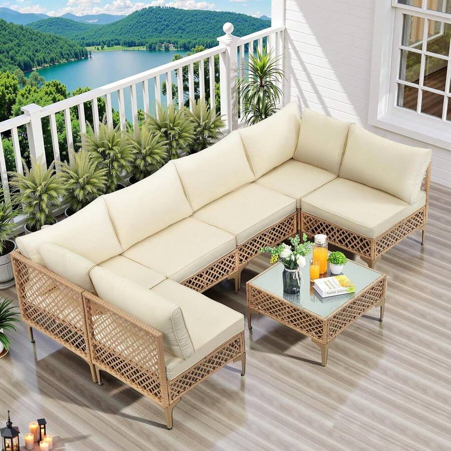 7-Piece Patio Furniture Set, Outdoor Wicker Conversation Set Sectional Sofa With Waterproof Thick Cushions & Coffee Table, For Backyard, Poolside, Garden, Porch, Yellow/Beige - Vàng/Be - Xem 1