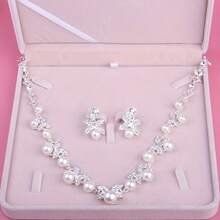 Bridal Crown Necklace Earrings Set, High-End Wedding Pearl Crown Necklace Earrings 3 Pieces Set For Prom, Birthday Party, Headpiece Bridal Jewelry Crown Set Necklace - Silver - View 6