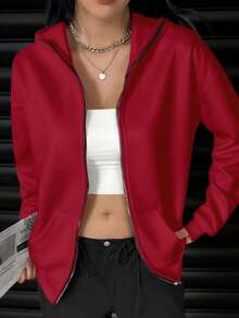 女士宽松拉链口袋卫衣，带口罩，适合秋冬季、万圣节、圣诞节等场合，时尚百搭，女士连帽卫衣 - 紅色 - 查看 8