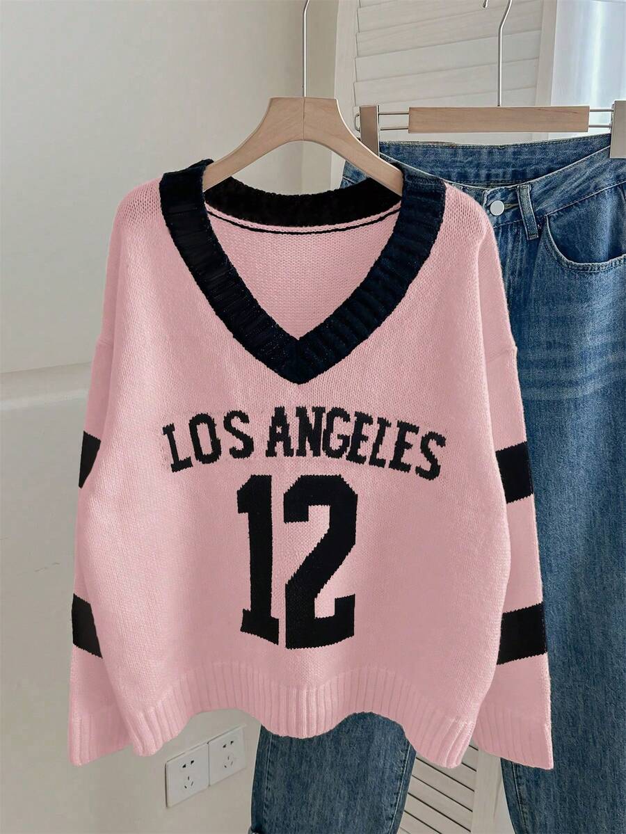 Women's New Style V Neck Collision Color Letter And Number Pattern Jacquard Loose Casual Stylish Street Retro Preppy Long Sleeve Sports Sweater, Fall And Winter