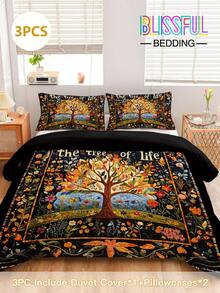 Juego de funda nórdica de 3 piezas de la serie Árbol de la Vida, con impresión digital de alta definición, funda nórdica suave y cómoda, el juego incluye: 1 funda nórdica con 4 lazos en las esquinas y cremallera + 2 fundas de almohada (sin relleno), adecuado para dormitorio, decoración de habitación de boda, dormitorio, viaje