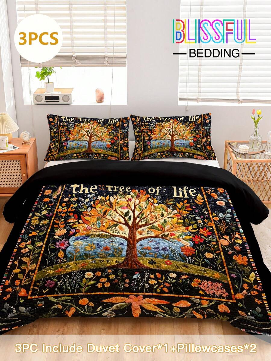 Juego de funda nórdica de 3 piezas de la serie Árbol de la Vida, con impresión digital de alta definición, funda nórdica suave y cómoda, el juego incluye: 1 funda nórdica con 4 lazos en las esquinas y cremallera + 2 fundas de almohada (sin relleno), adecuado para dormitorio, decoración de habitación de boda, dormitorio, viaje