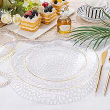 50/25/12 Pieces Transparent Gold Plastic Cutlery Set, Hammer Edged Party Plates With Gold Trim, Reusable Transparent Plates Suitable For Banquets And Appetizers - Perfect For Parties, Weddings, Birthdays, And Dining Events (Christmas/Valentine's Day/Mother's Day), Wedding Utensils, Event Table Supplies, Fashionable Plates, Elegant Utensils, Lightweight Plates, Durable Plastic Materials, Family Entertainers, Catering Services - 透明 - 查看 4