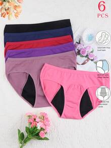6 Pieces Of Plus Size Women's Comfortable Solid Color Triangle Underwear - Leak Proof, Breathable, Super Absorbent Menstrual Underwear, Suitable For Menstrual Cycles - Soft, Elastic, Skin Friendly Fabric, Comfortable All Day Long - 彩色 - 查看 2