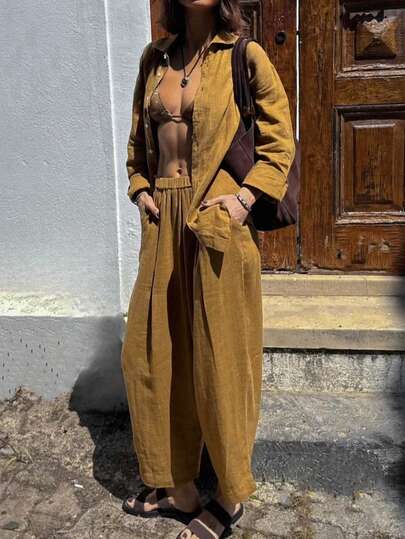 UrbanChic 两件套长袖纽扣衬衫和灯笼裤套装，女士返校季外出服装，纯色，宰牲节，宰牲节快乐，节日服装，秋冬，万圣节，纽扣