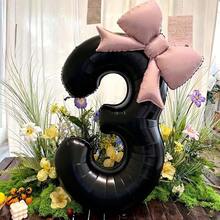 2pcs/Set 40-Inch Black Number Shaped Foil Balloons With Pink Matte Bow Decor, Suitable For Birthday Party, Wedding, Outdoor Event, Anniversary, Holiday, Thanksgiving, Harvest Season, Valentine's Day, Christmas, Party Celebration Atmosphere And Backdrop Decoration - Black - View 10