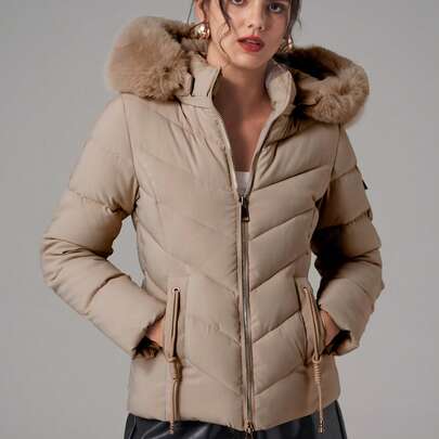 Cappotto imbottito invernale da donna con cappuccio rimovibile in pelliccia, con chiusura lampo, maniche lunghe, colore unito