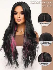 clouder Black Highlight Pink Extra Long Curly Wig 30 Inch Cosplay Wig Halloween Christmas Wig Elegant Soft Matte Hair Loose Curls Casual Outing Street Punk Wig Rock Wig Fluffy Natural Cool Girl Synthetic Heat-Resistant Fiber Wig Suitable For Women Daily Party Wig Music Festival Wig Avant-Garde College Style Wig Modern Fashion Gothic Wig - 彩色 - 查看 7