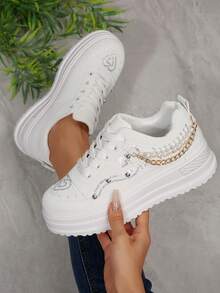 1 Pair Women's Pink Thick Sole Round Toe Cute Comfortable Casual Sneakers, Embroidered Faux Pearl Chain Decor, Size 36-41 (Run Small) - White - View 2