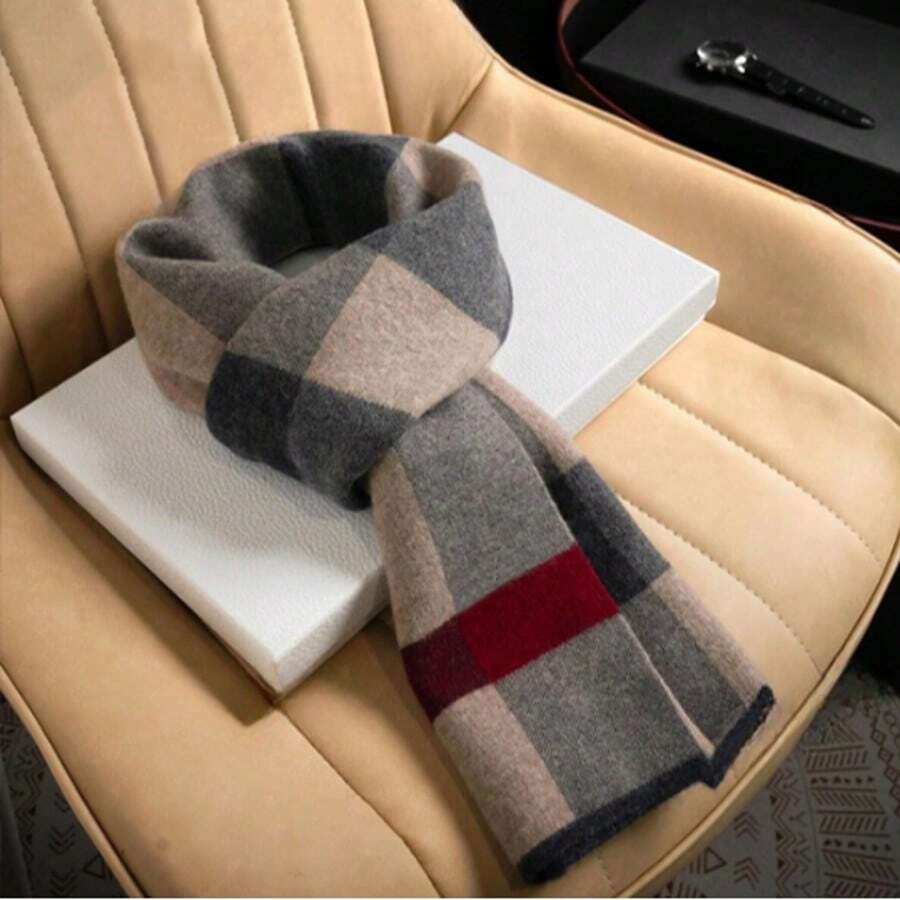 1PC男士围巾 男冬秋季保暖休闲韩版百搭男士围巾 新款男士围巾 男秋冬保暖加厚格纹仿羊绒围巾 - 彩色 - 查看 1