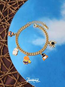 1 pieza Brazalete de acero inoxidable con dije de casa de bruja, araña, fantasma y calabaza para mujeres. Colgante de esmalte de Halloween en cadena para joyería de moda y regalos de fiesta.