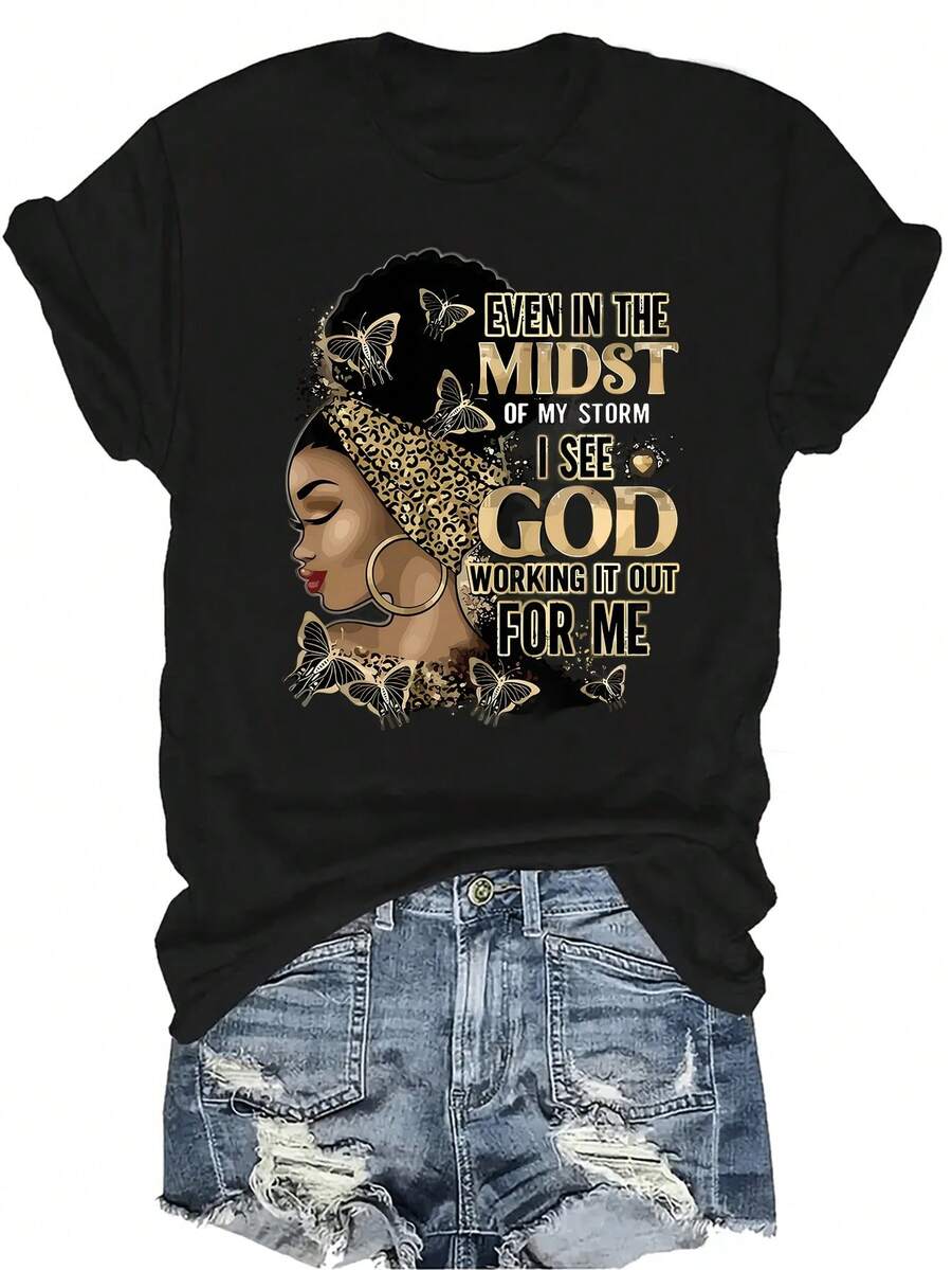 [Camiseta de moda casual] Camiseta suave y cómoda para mujer - Mariposa de tormenta fiel Casual de manga corta y cuello redondo, regalo perfecto para la abuela y la mamá, uso casual de primavera y verano - Negro - Ver 1