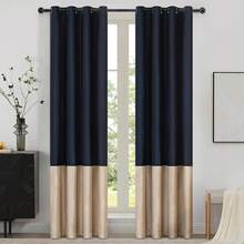 Black Gold Color Block Window Curtains Panels 84 Inches Long Farmhouse Drapes Bedroom Living Room Darkening Treatment With Grommet Set Home Decor - 海軍藍和香檳色 - 查看 9