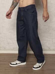 Men's Loose Cotton Jeans With Slant Pockets, Wide, Long, Washed, Skater Style, Cargo, Plain, Light Blue, Going Out, Y2K Style, For Friends, Urban, Going Out, For Work, For Vacation - 深色水洗藍 - 查看 3