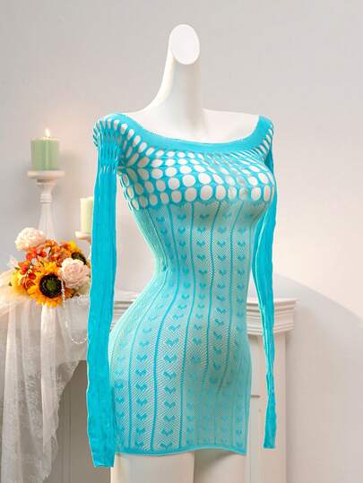 1PC Women's Sexy Lingerie With Rhinestones Long Sleeve Sheer Hollow Bodycon Dress Summer Women's Swimsuit