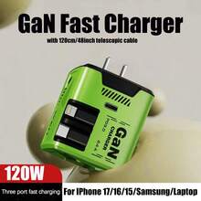 W&O 2025 新款 120W 手机充电器，GaN 快速充电器 - 轻松增强您的充电游戏：高效 USB-C 可折叠旅行充电器，带 2 根电缆，带 1 个 C 型端口 - 适用于为各种电子设备充电，120 厘米/47 英寸可伸缩电缆，家庭、办公室多端口高输出功率 - 美規A型插(110-127V) - 查看 9