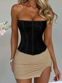 Apperloth A Áo corset mùa hè dáng ngắn, gợi cảm, bất đối xứng, đường viền cong, có khoen cài, dây buộc phía sau, hở lưng, áo ống định hình dáng người, thích hợp cho kỳ nghỉ, lễ hội âm nhạc, màu đen. - màu đen - Xem 5