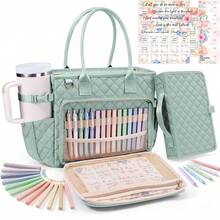 Large Bible Bag With Bible Cover Case For Women, Quilted Church Tote Bag Bible Carrying Case W/Shoulder Strap, Bible Study Supplies Journaling Kit Bible Accessories Mothers Day Christian Gifts For Women Mom Her - 鼠尾草綠 - 查看 1