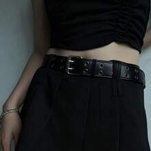 1 件男士双孔扣朋克风格腰带，男女通用休闲 PU 皮带 - 黑色 - 查看 2