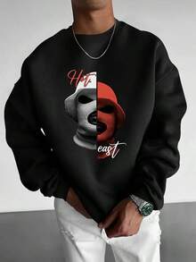 Stylish Portrait Print Long Sleeve Crew Neck Pullover - Casual & Sporty Polyester Blend Sweatshirt, Machine Washable,Fall Hoodies,Men's Fall Clothes,Street Wear,Halloween,Mens Hoodies,Y2k Clothes,Jesus Hoodie,Thanksgiving Day,Nightmare Before Christmas,Christmas - Black - View 1