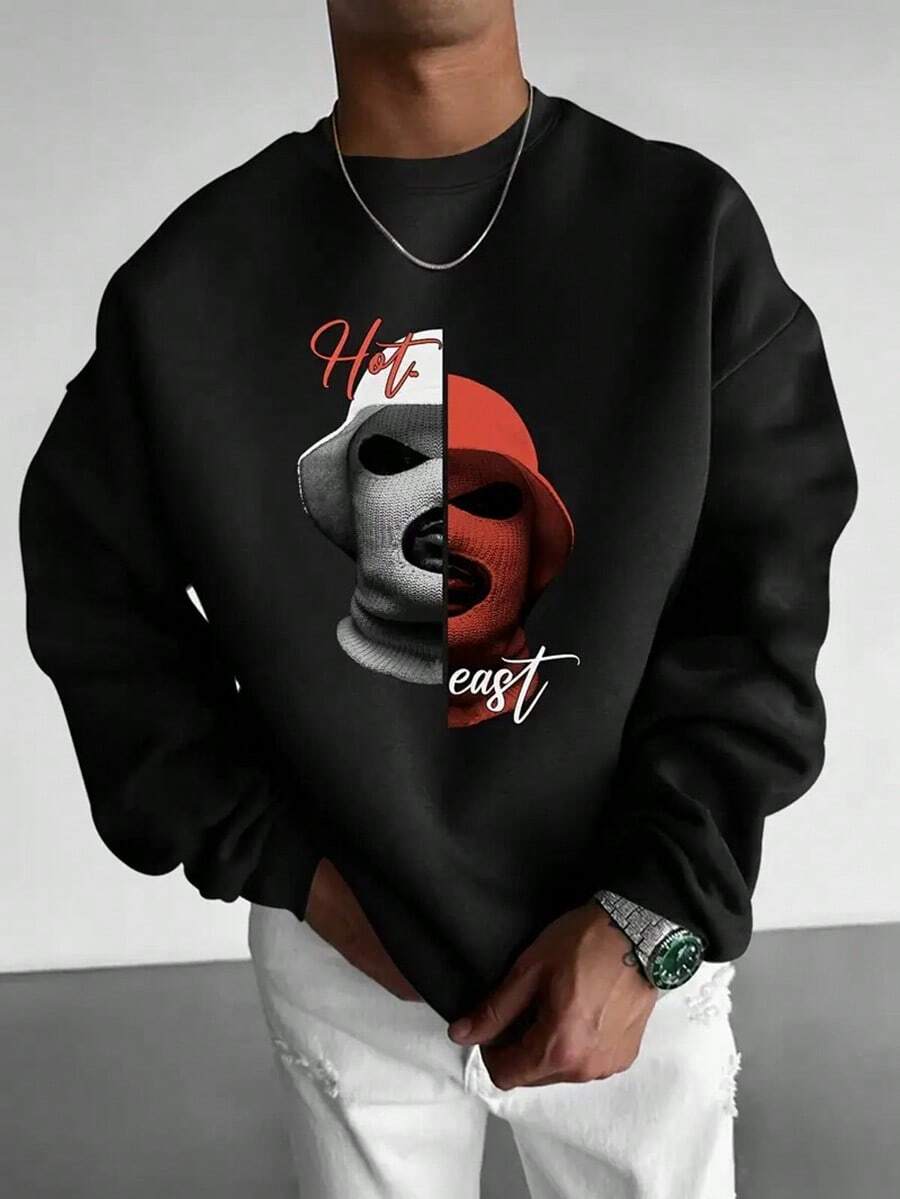 Stylish Portrait Print Long Sleeve Crew Neck Pullover - Casual & Sporty Polyester Blend Sweatshirt, Machine Washable,Fall Hoodies,Men's Fall Clothes,Street Wear,Halloween,Mens Hoodies,Y2k Clothes,Jesus Hoodie,Thanksgiving Day,Nightmare Before Christmas,Christmas - Black - View 1