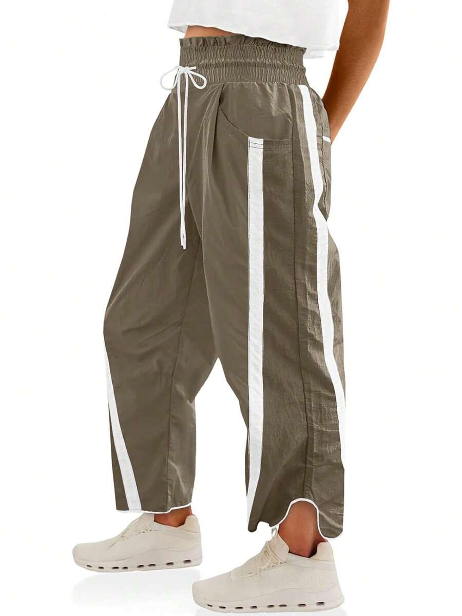 Women's Y2K Everyday Casual Pants Active Workout Contrast Color Drawstring Elastic Waist Loose Wide-Leg Athletic Trousers - Khaki - View 1