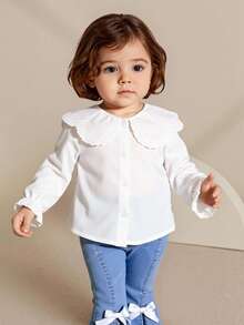 SHEIN Elladie kids Áo sơ mi dài tay cổ Peter Pan ren thanh lịch cho bé gái, thích hợp mặc đi học, hoạt động ngoài trời, du lịch, mùa thu/đông - trắng - Xem 5