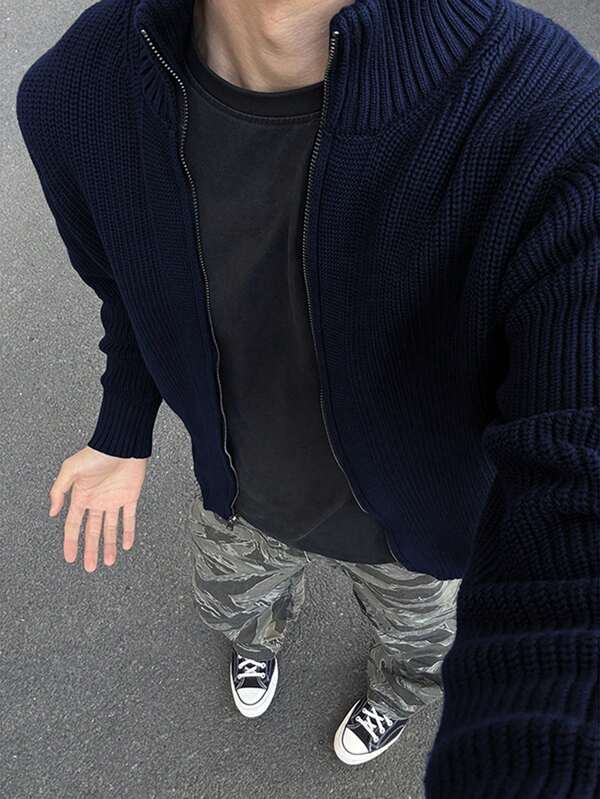 Chaqueta de punto informal con cremallera, de manga larga y unicolor, para hombre, para otoño/invierno