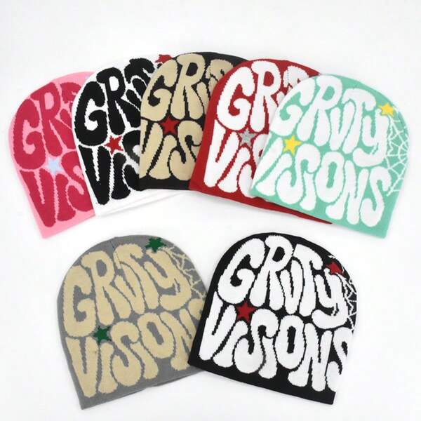 2 Stücke "GRVTY VISIONS" Unisex Hip Hop Beanie Mütze, Y2K Mode Strick Hut, Outdoor warme Thermomütze für Männer & Frauen