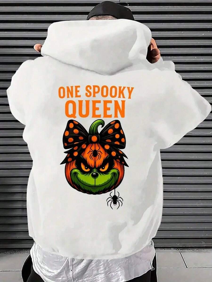 Men'S Halloween Hoodie - Spooky Queen Pumpkin Head Graphic Pullover Sweatshirt, White Hooded Sweater For Halloween Costumes & Casual Attire, Long Sleeve Hooded Sweatshirt With Back Print Design,Fall Hoodies,Men's Fall Clothes,Street Wear,Halloween,Mens Hoodies,Y2k Clothes,Jesus Hoodie,Thanksgiving Day,Nightmare Before Christmas,Christmas - White - View 1