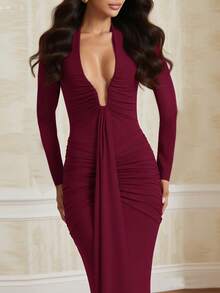 纯色优雅荷叶边拉链正式晚礼服 春季 - 酒紅色 - 查看 4