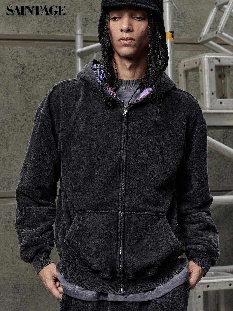 Unisex Vintage Distressed Double Layer Plaid Hoodie Sweatshirt, Fashionable Autumn/Winter