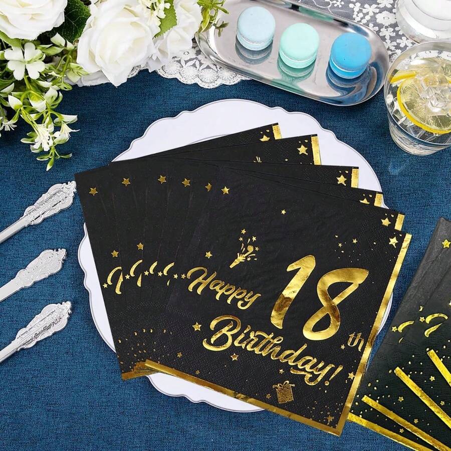 Gold-Stamped 18th Birthday Happy Patterned Tissue Paper. Disposable Printed Table Napkins For Party And Gathering, 20 Pieces.